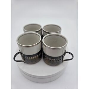 Vintage Set of 4 Porcelana Veracruz Brazil Demitasse Cups Silver Holders
